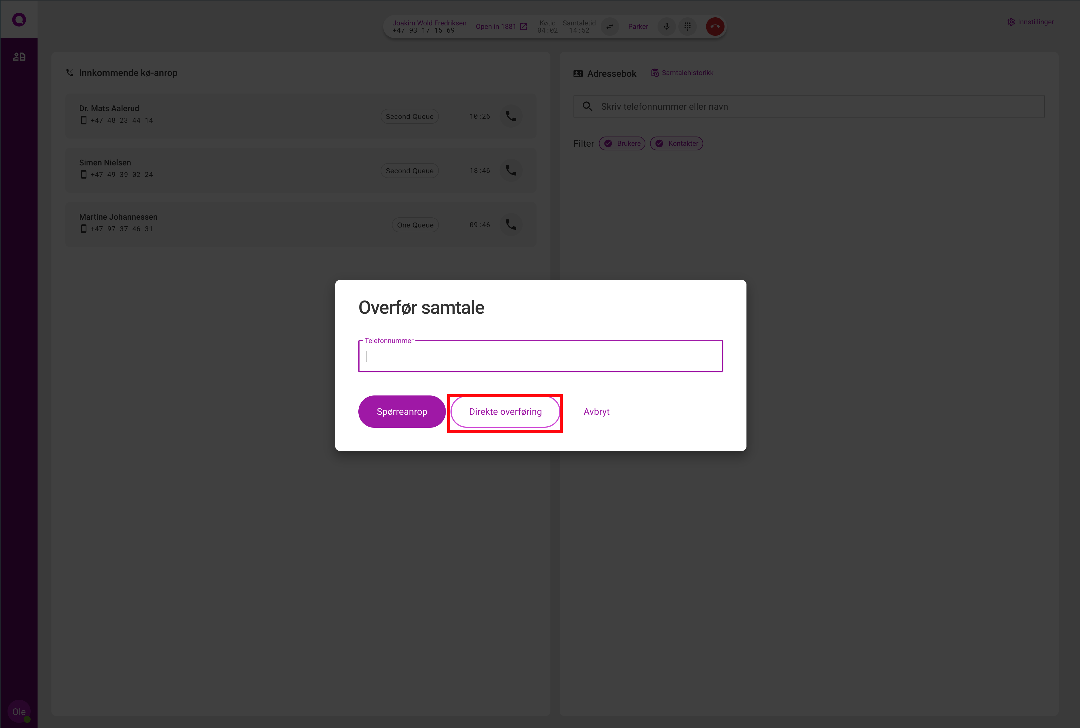 Overføring av samtale fra boblen