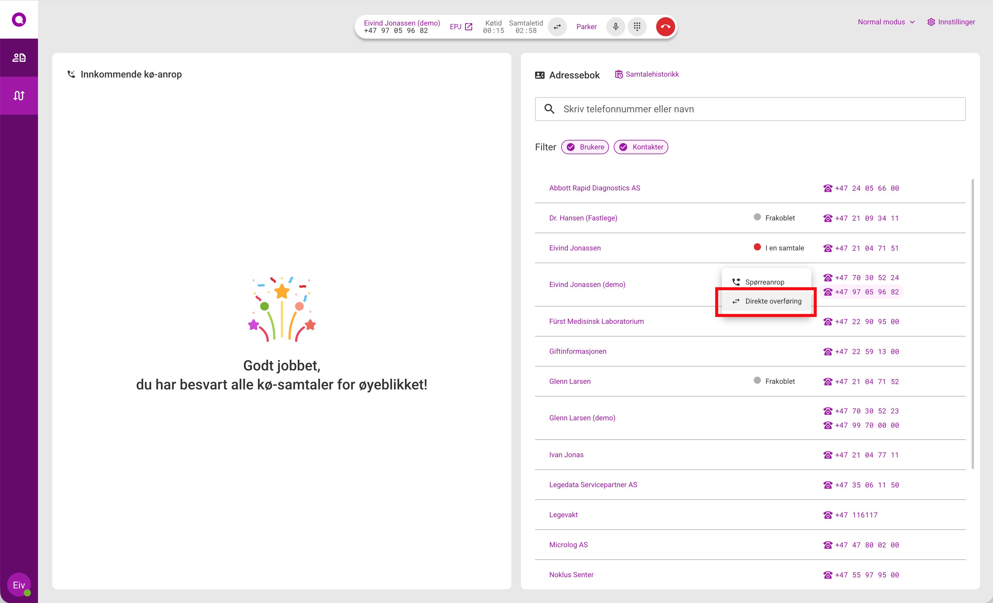 Overføring av samtale fra adresseboken