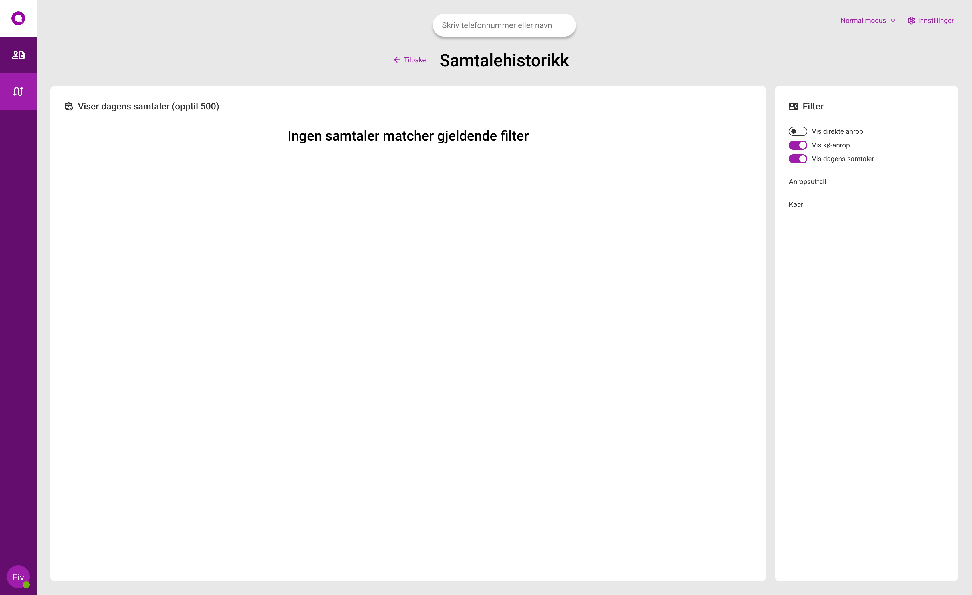 Samtalehistorikk med filterpanel